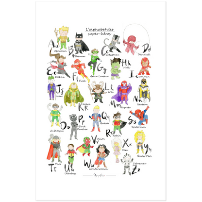 Affiche enfant - "Alphabet Illustré Aquarelle des Super-Héros"