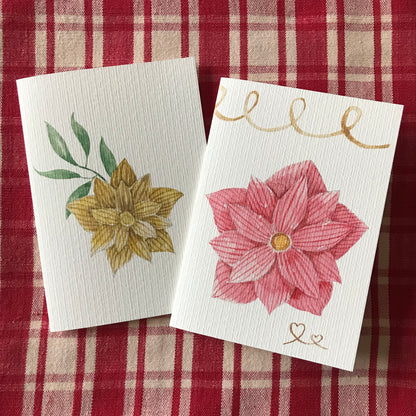 Deux cartes de vœux fleurs de Noel rose et jaune