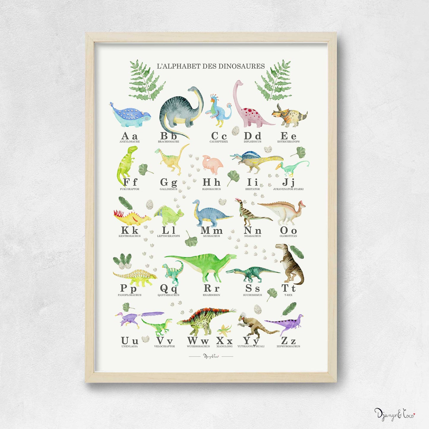 cadre en bois naturel avec affiche dinosaures