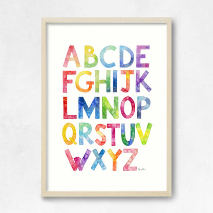 cadre en bois et lettres alphabet arc-en-ciel