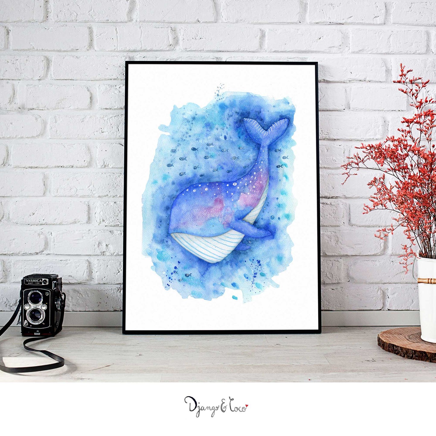 blue whale framed art and flowers