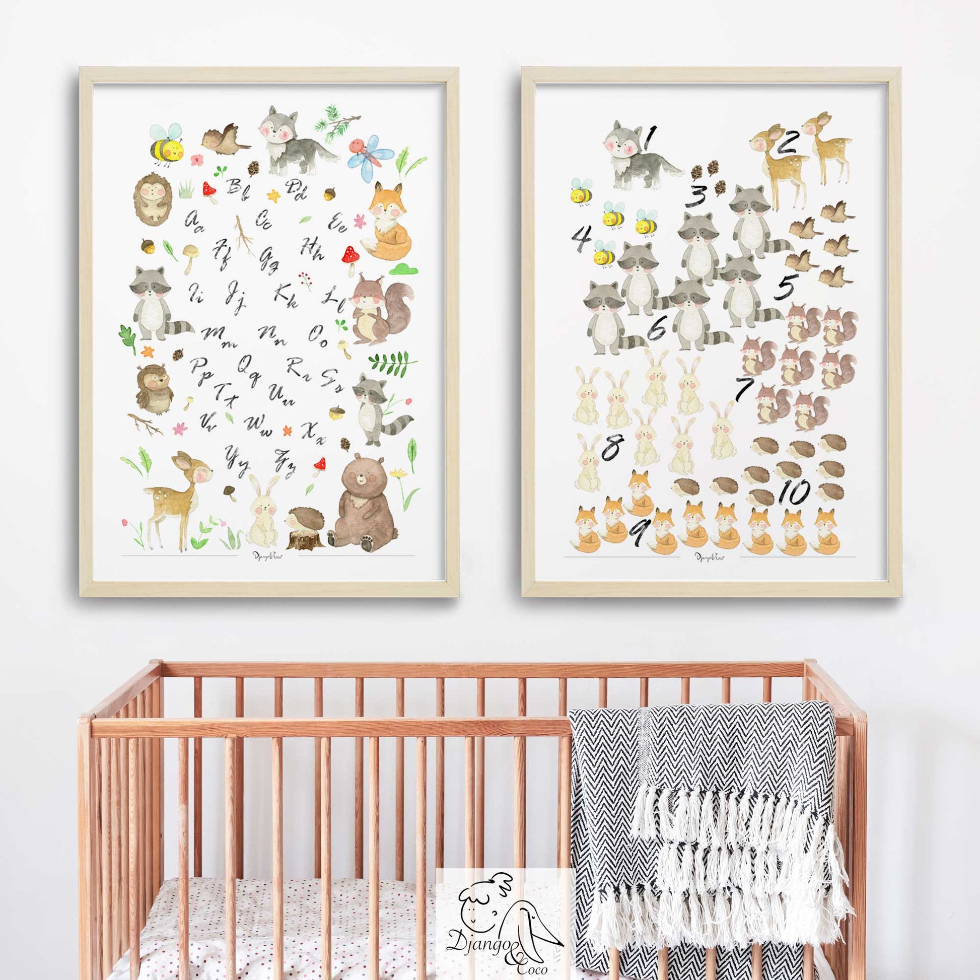 woodland abc and numbers prints in a nursery