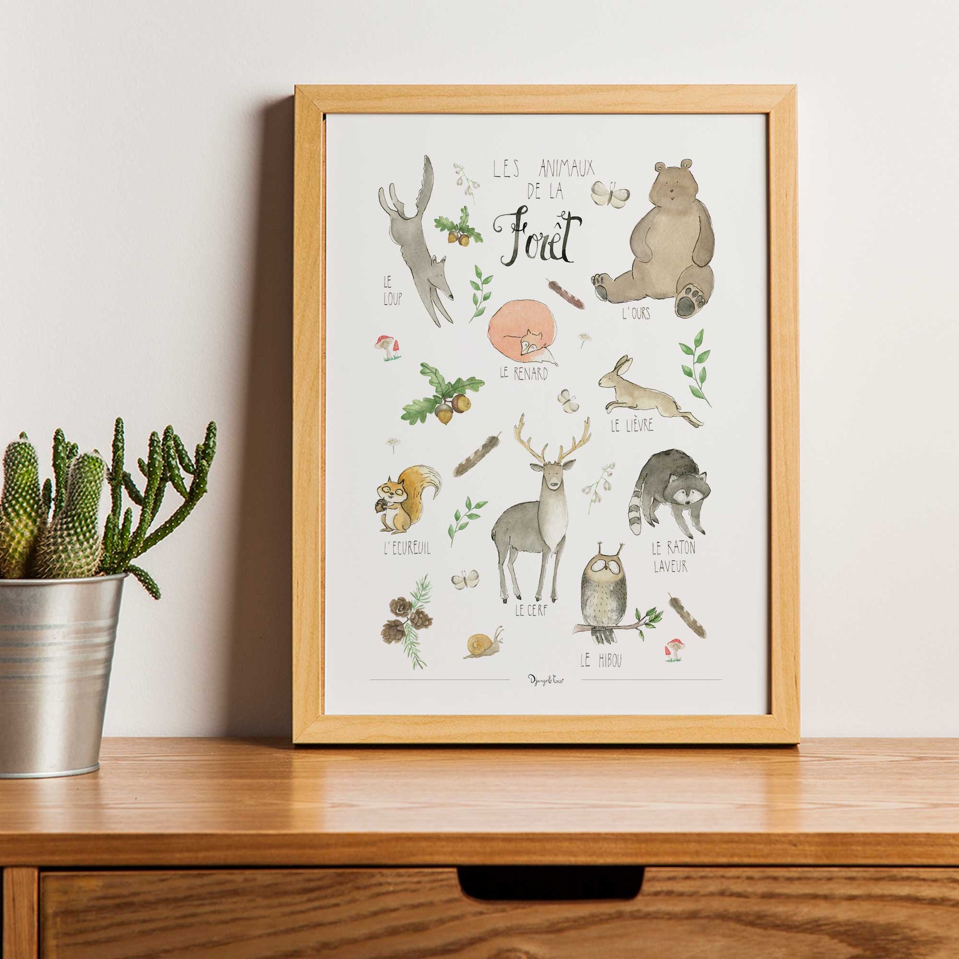 woodland animal prints on a wooden frame on a desk 