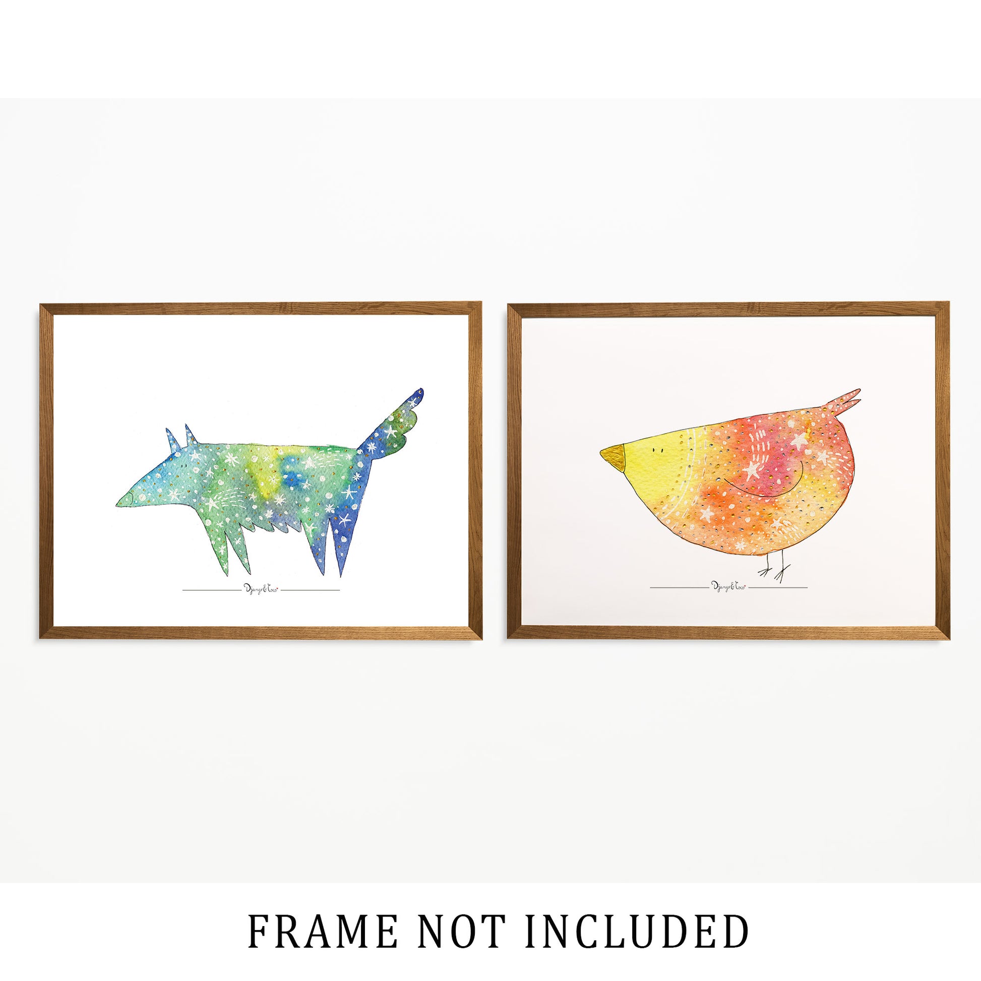 set of two galaxy prints: wolf and chicken