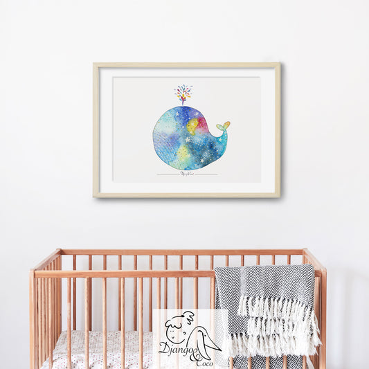 galaxy whale print framed in a nursery
