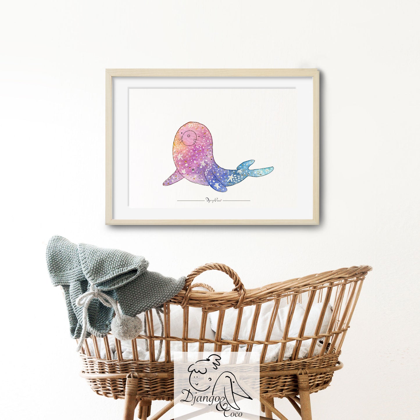 Framed art of a Galaxy seal illustration in a nursery