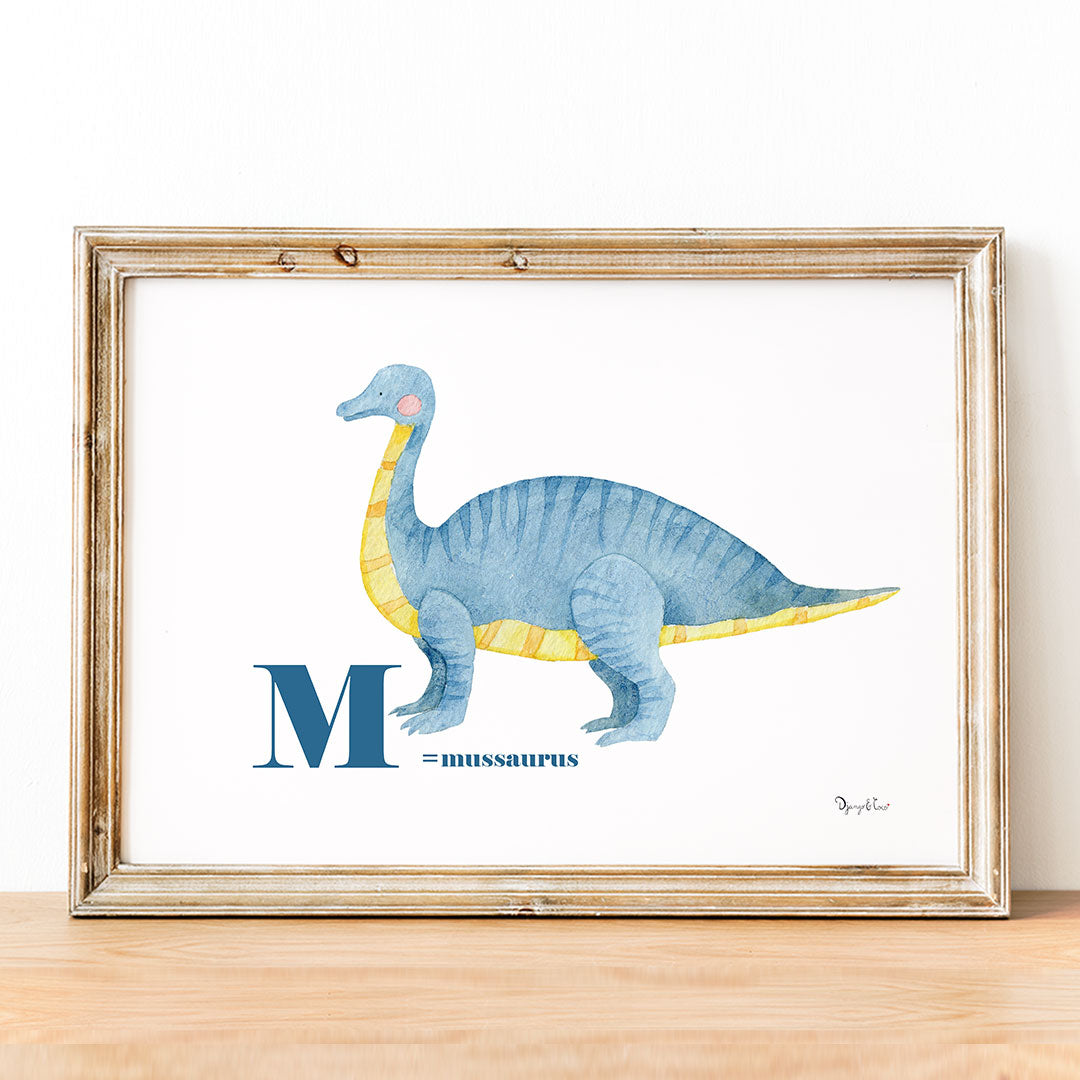 cadre en bois naturel affiche dinosaure bleu