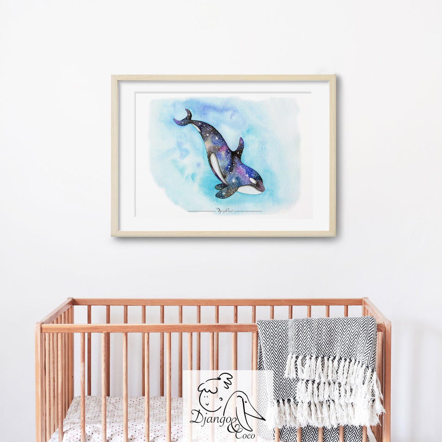 framed art of a galaxy orca in a nursery