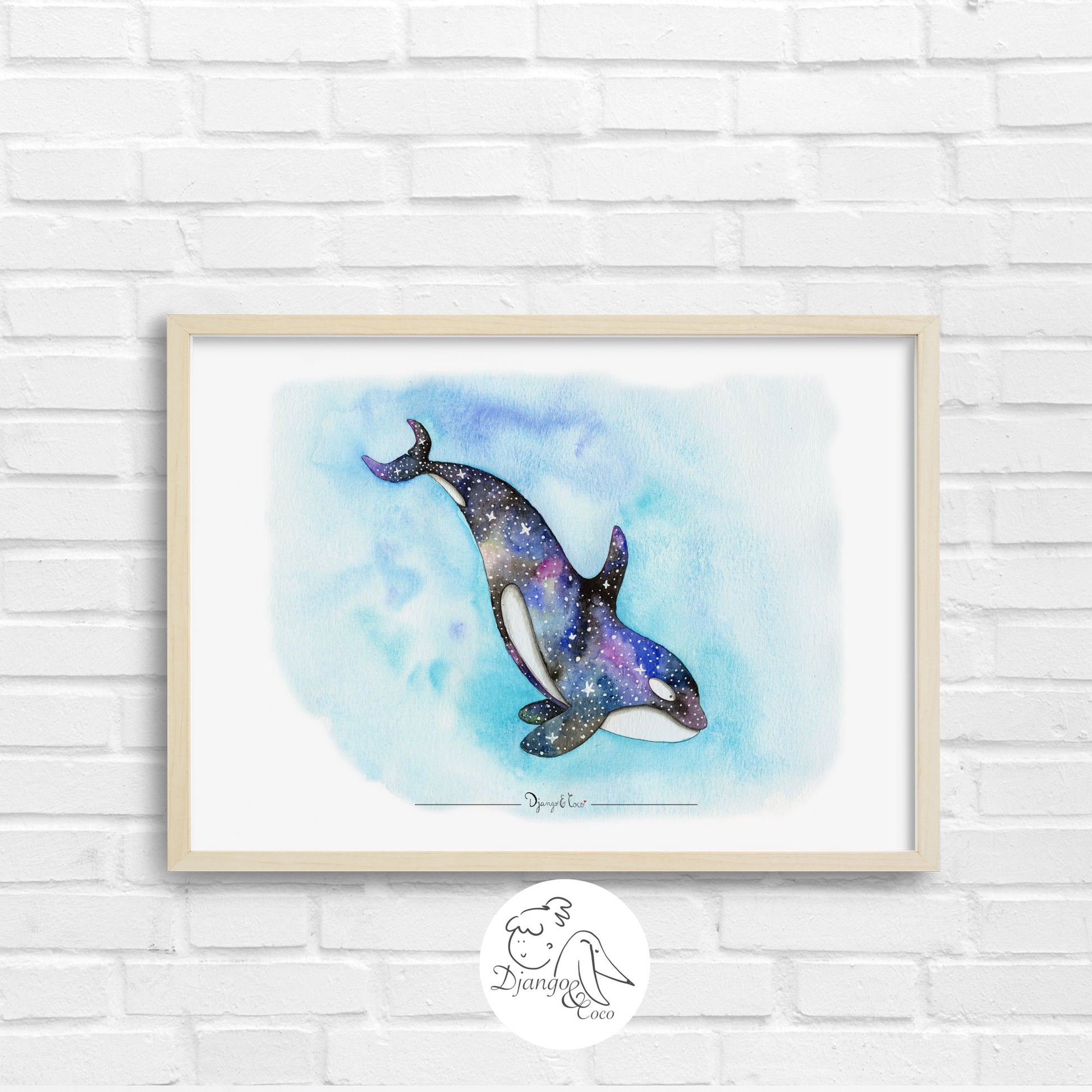 Space orca wall art on a wall