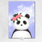 affiche panda avec couronne de fleurs et clien bleu