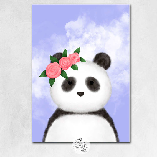 affiche panda avec couronne de fleurs et clien bleu