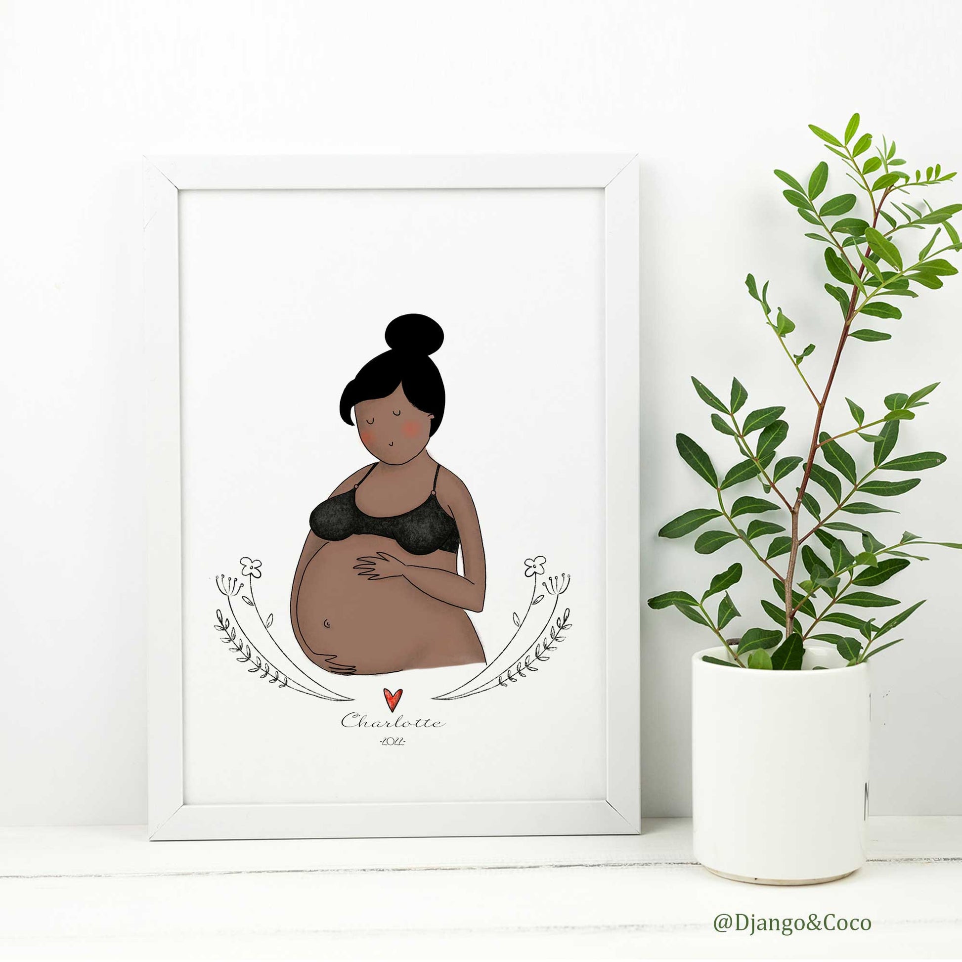 femme enceinte portrait illustré dans cadre blanc avec plante verte