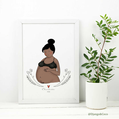 femme enceinte portrait illustré dans cadre blanc avec plante verte