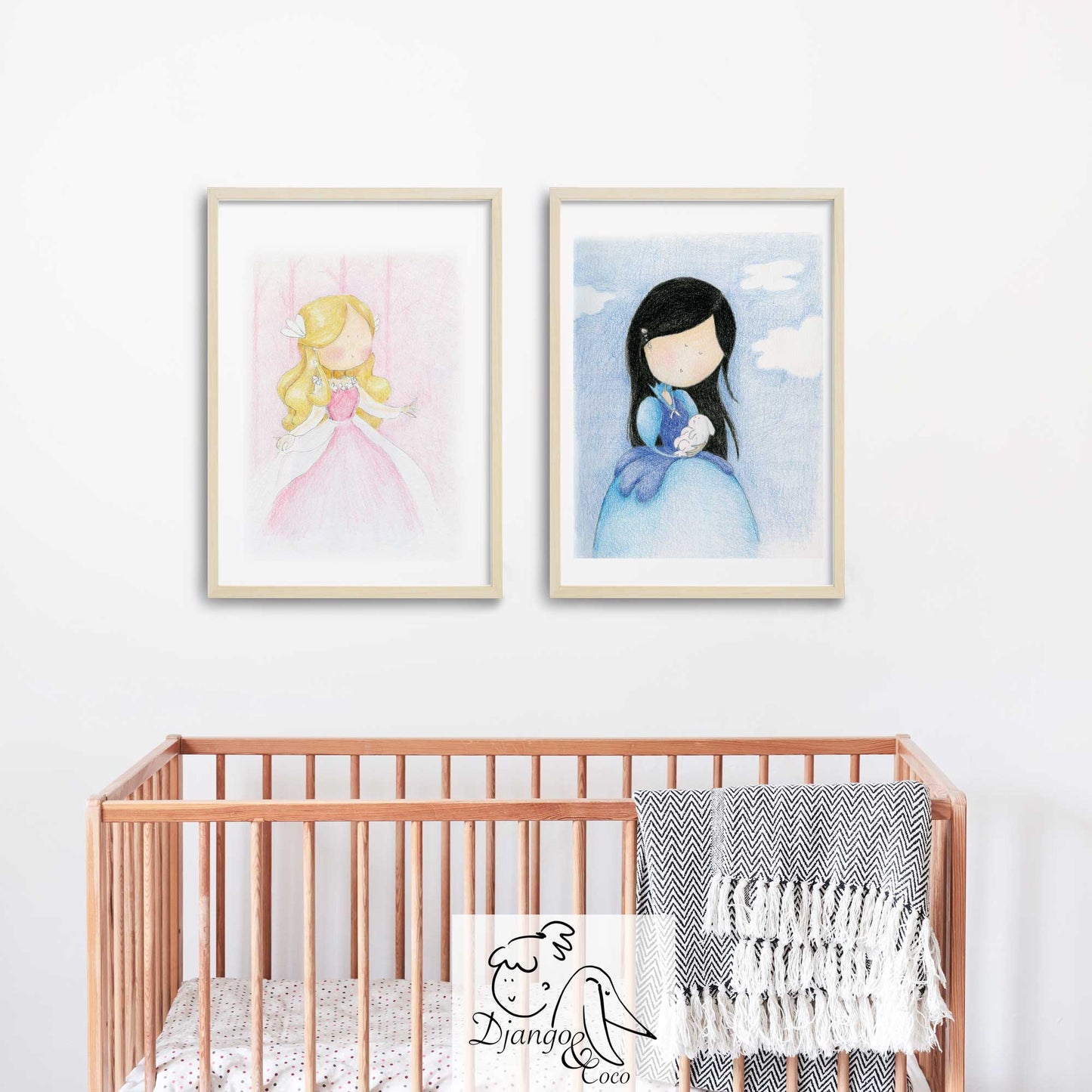 Affiche enfant - "La princesse bleu avec son lapin blanc"