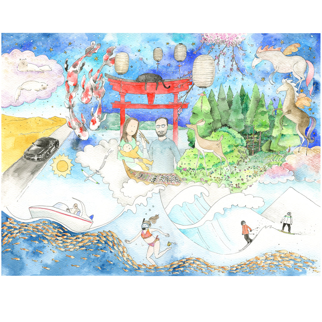 portrait illustration famille avec mer et animaux