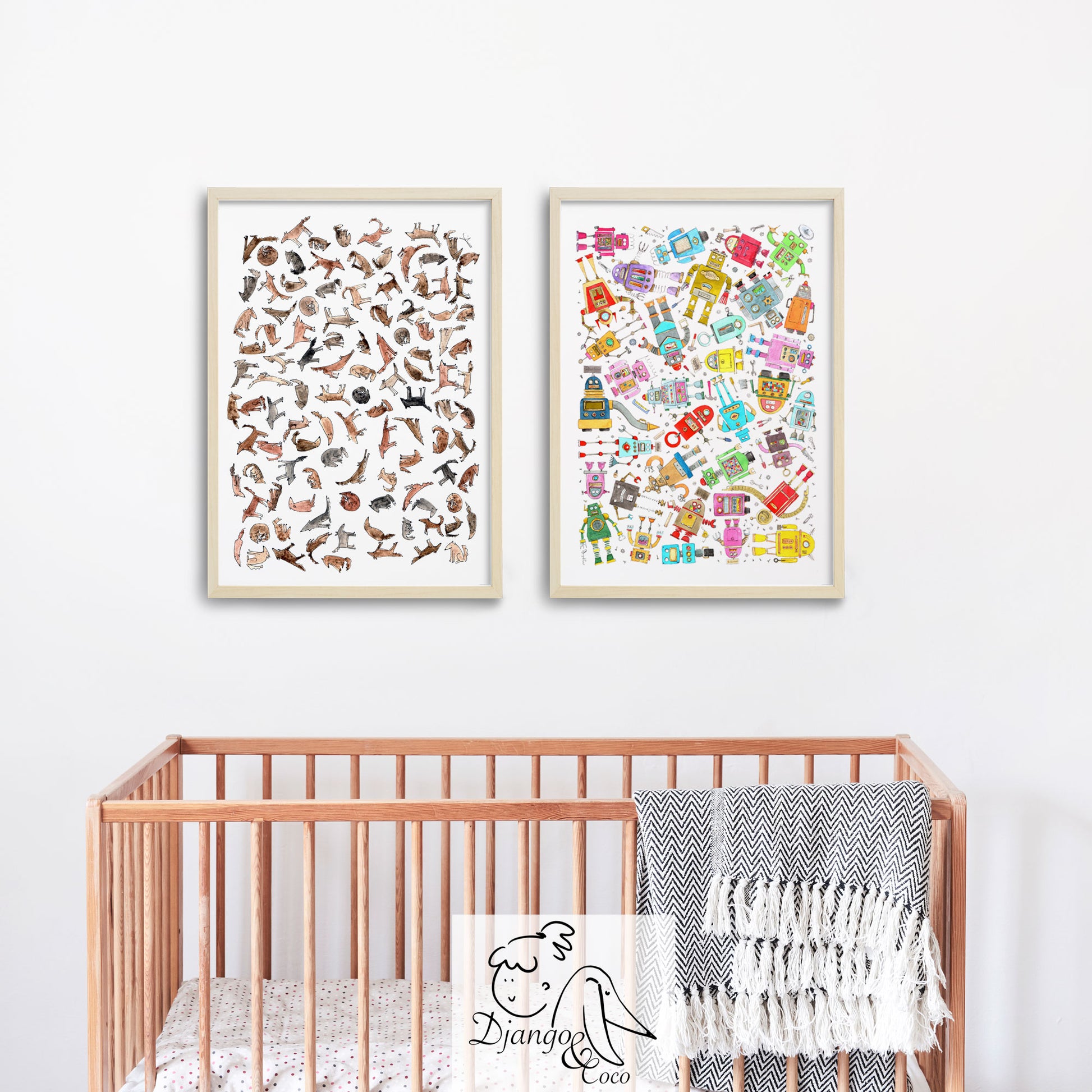 set of two wall art robots and wolves in a  nursery