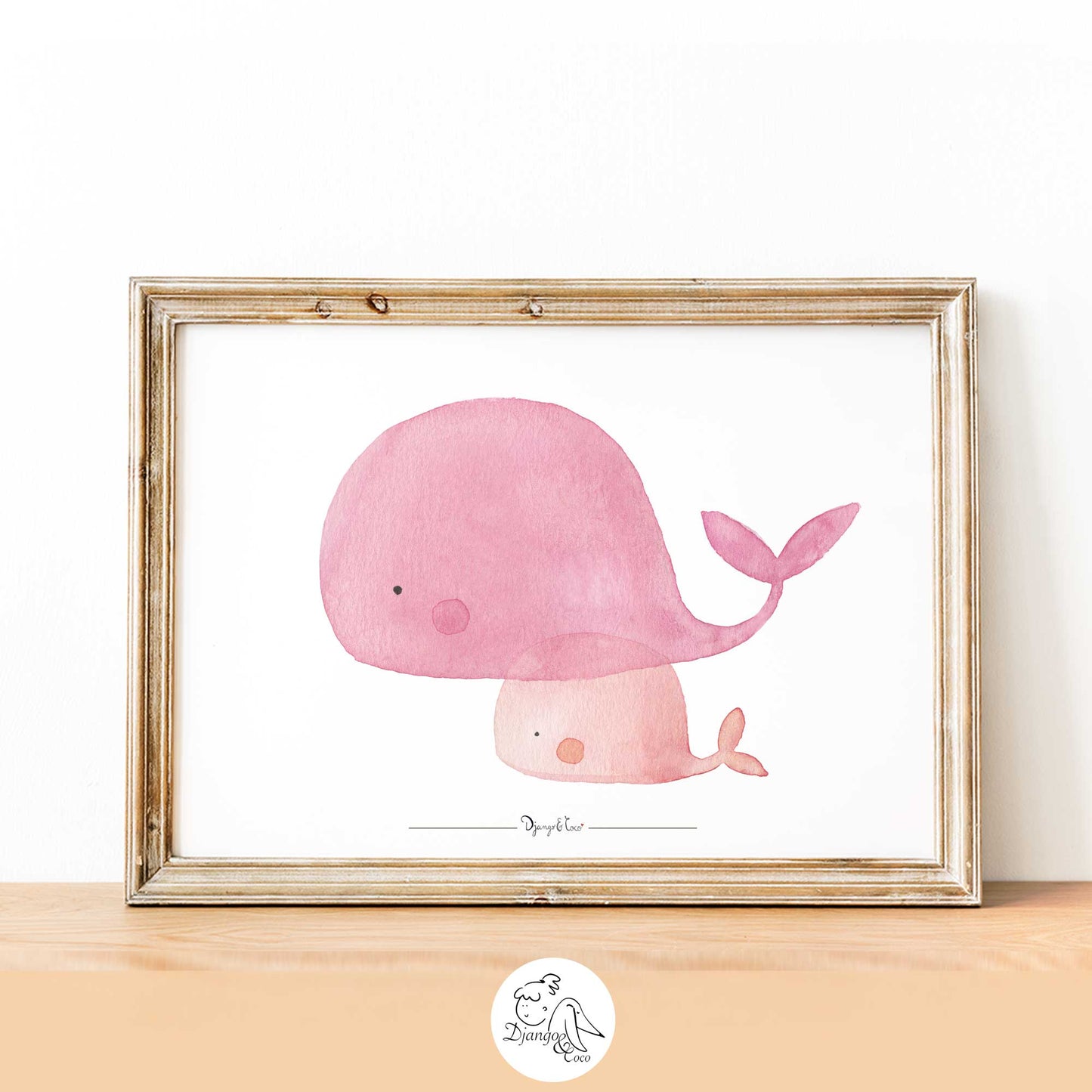 tableau en bois avec aquarelle baleines rose
