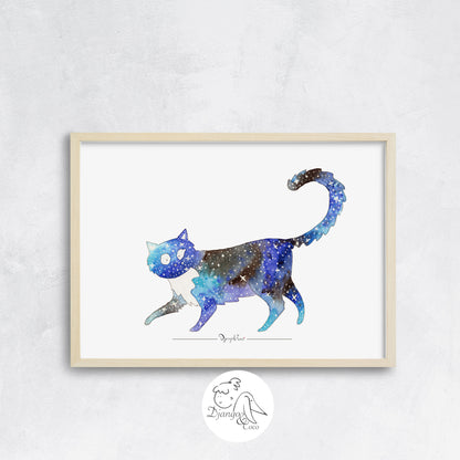 wooden frame of a watercolor space cat