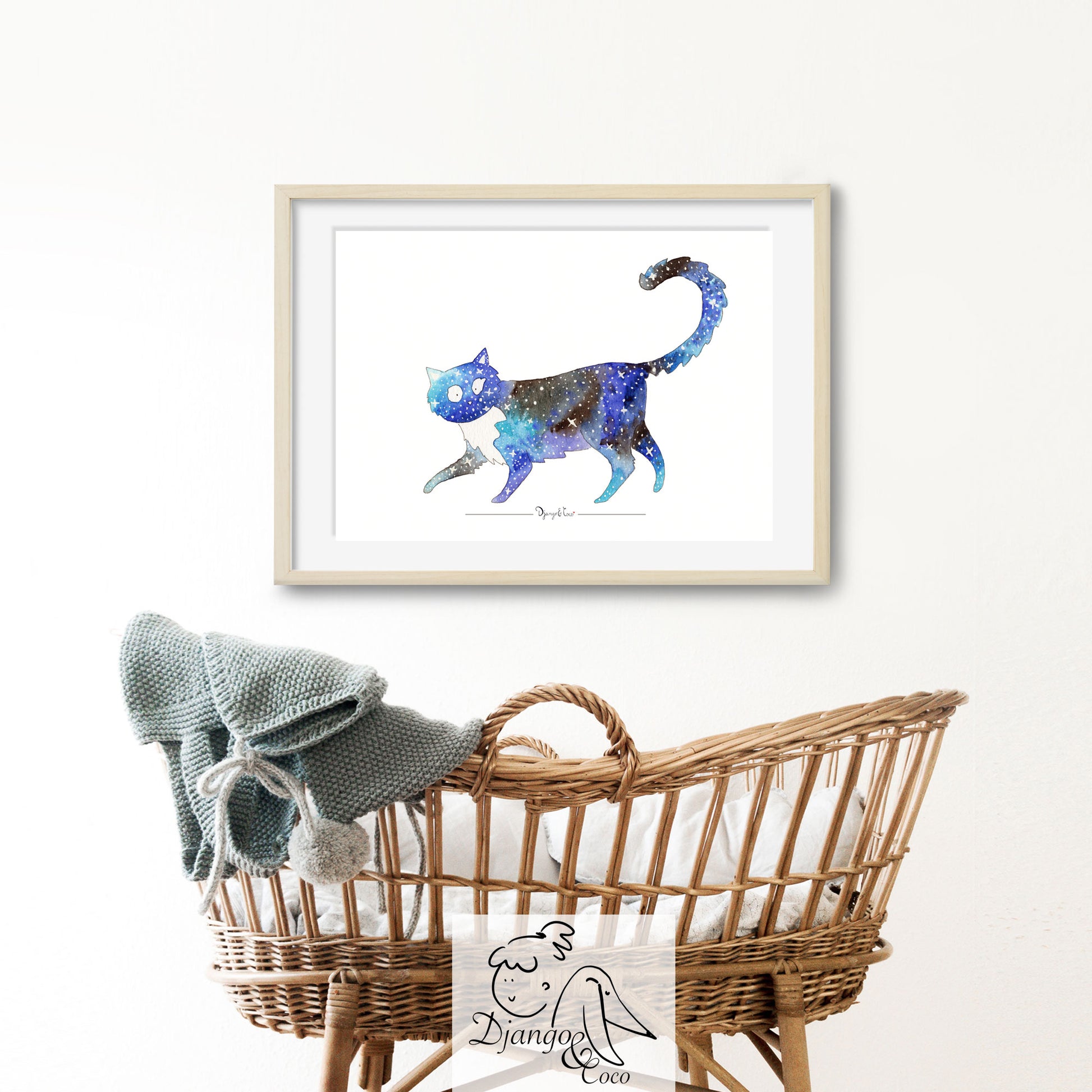 nursery wall art of a blue cat