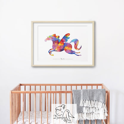 kids room with a framed rainbow unicorn
