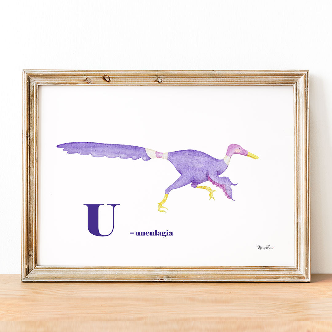 cadre en bois avec affiche alpabet dinosaure u