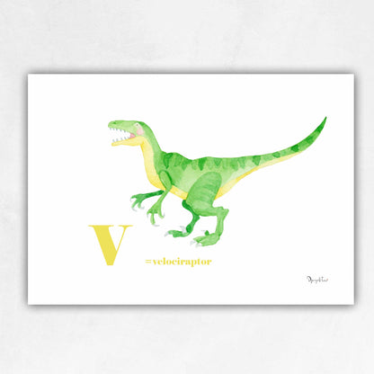 affiche dinosaure Vélociraptor vert lettre v