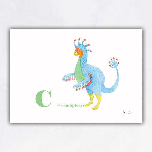 affiche dinosaure caudipteryx aquarelle
